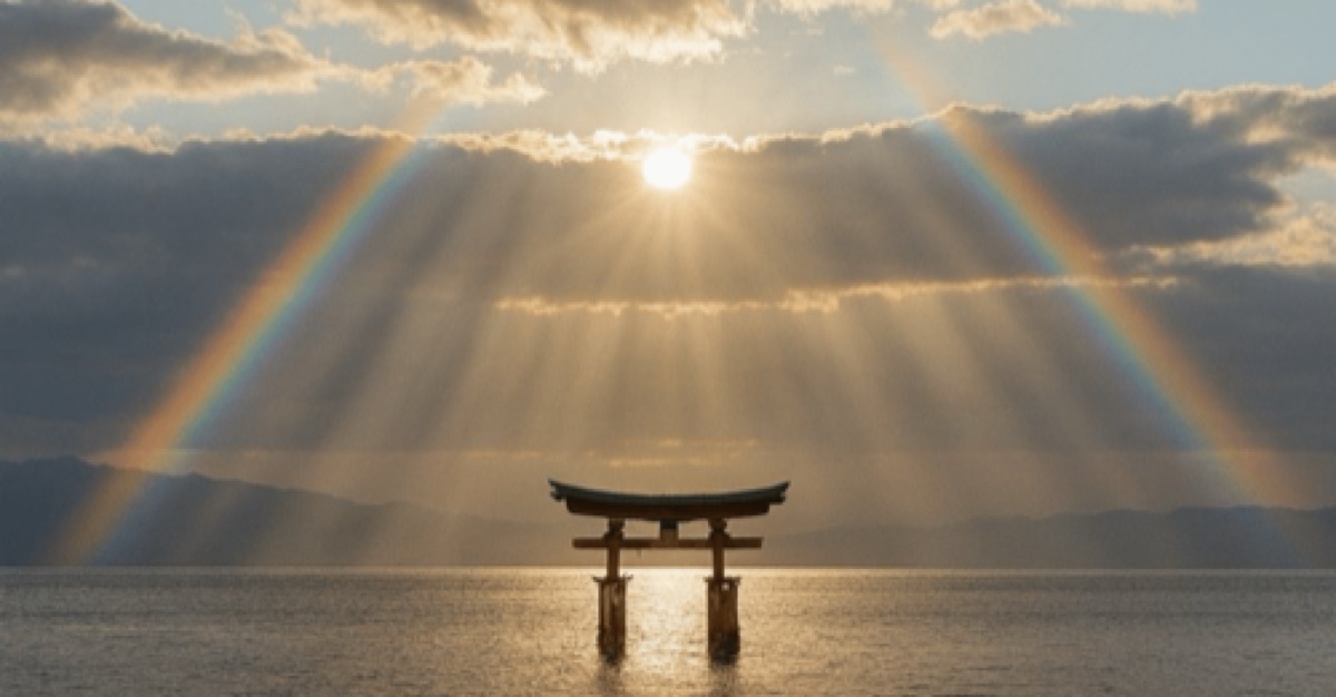 光が差す海上の鳥居